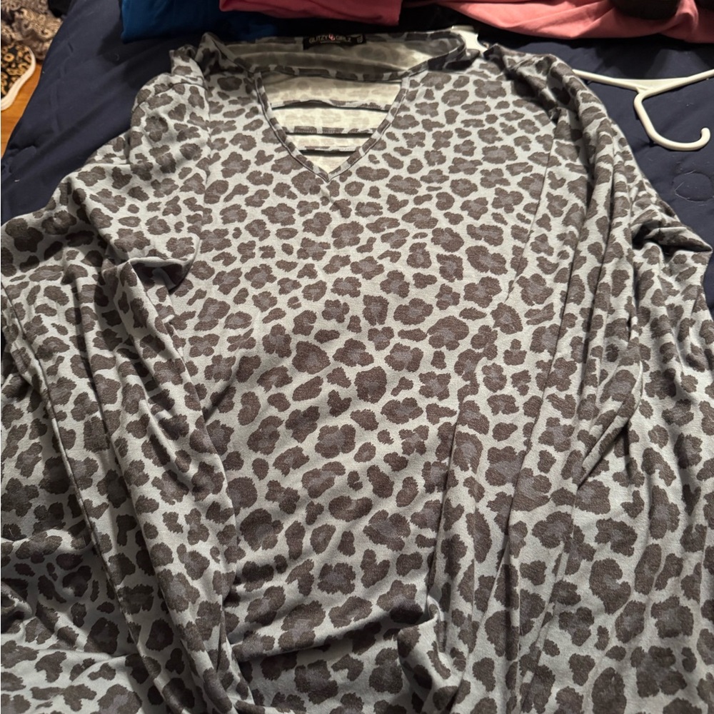 Gray Leopard Print V-Neck Top